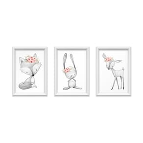 Kit 3 Quadros Decorativos Bichinhos com Flores 24x34cm