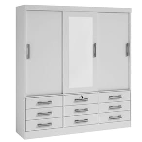 Guarda Roupa Casal com Espelho 3 Portas 9 Gavetas - Meridian -Branco - Móveis D`Doro