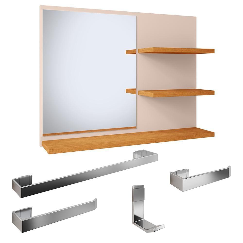 Conjunto Espelheira Aérea Prateleiras Organizadoras Espelho Astra Off White/Cinamomo e Kit Banheiro 4 Peças Aço Inox Resistente Cromado - RPM