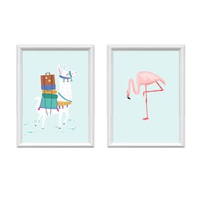 Kit 2 Quadros Decorativos Lhama e Flamingo 34x44cm