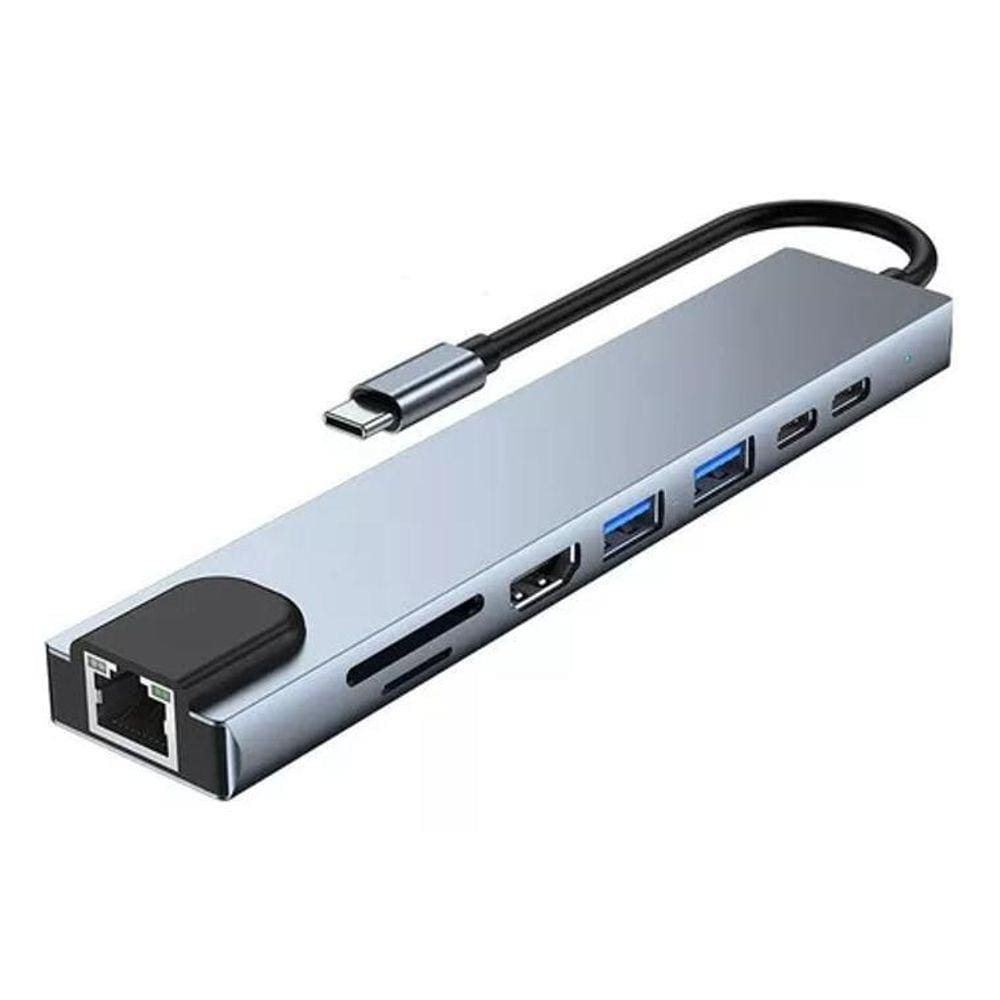 Adaptador Hub Extensor 8 Em 1 Tipo C Hdmi Usb Lan 100Mbps