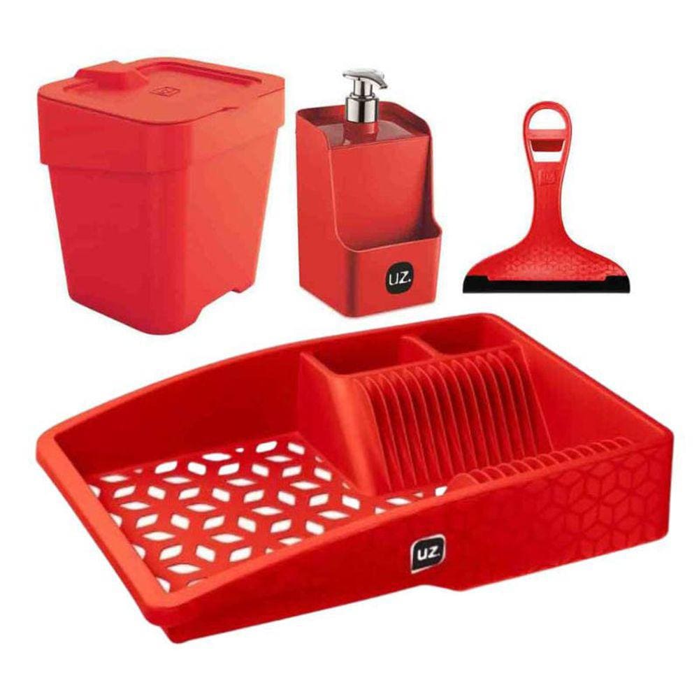 Kit 4 Peças Para Pia Cozinha Com Lixeira Rodinho E Escorredor Slim UZ
