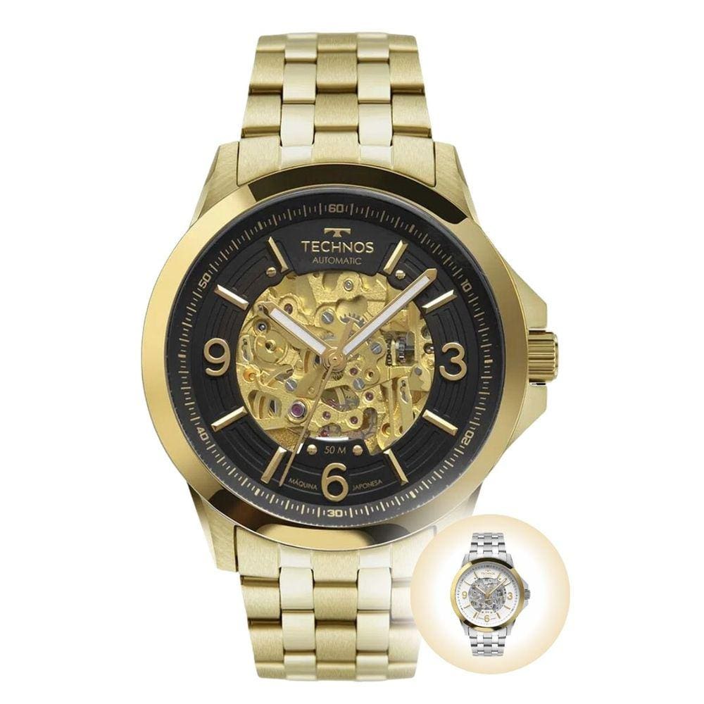 Relógio de Pulso Technos Masculino Automático Mecânico Esqueleto Redondo Prova Dágua 50 Metros Aço Inóx Casual Dourado Prata 8N24A