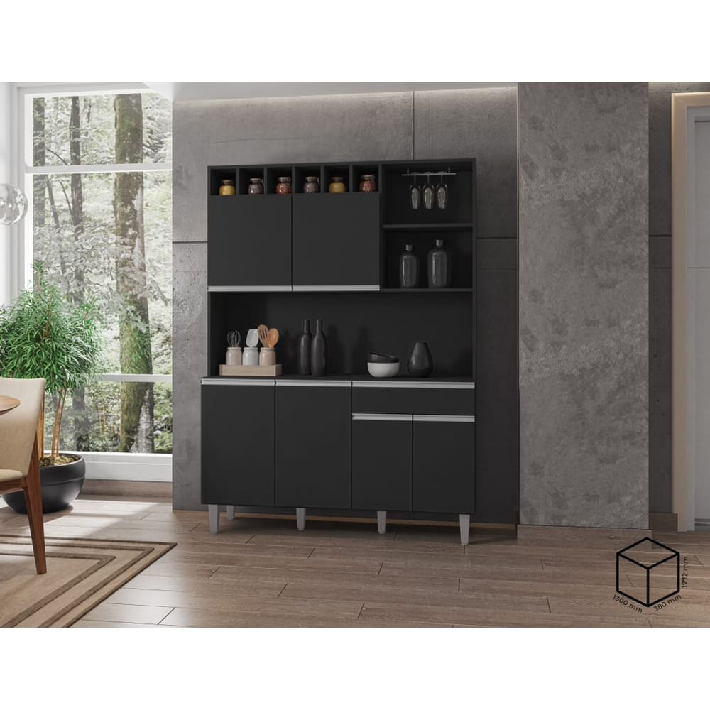Kit Armario Cozinha Compacta Alice 130cm 6 Portas Cor Preto AJL