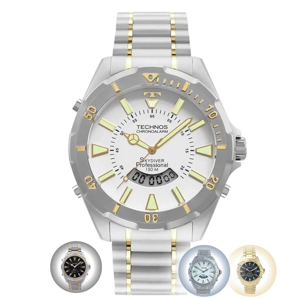 Relógio de Pulso Masculino Technos Skydiver Prova Dagua 150M Pulseira e Caixa em Aço Inox Dourado Prata Misto