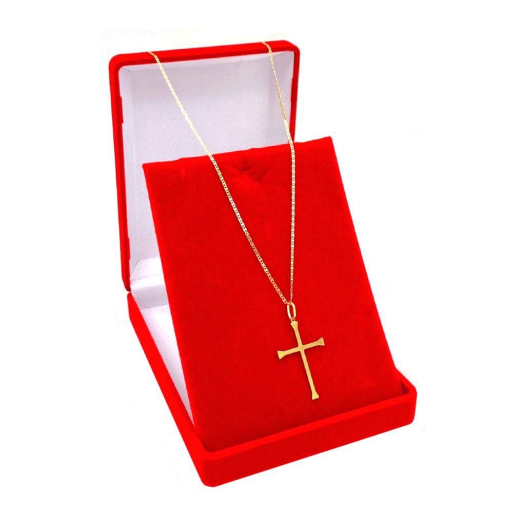 Corrente Masculina De Ouro 18k Piastrine Com 60cm E Pingente Cruz
