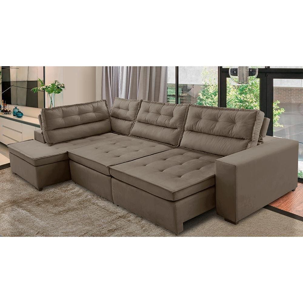 Sofá de Canto Retrátil e Reclinável com Molas LE 3,00x2,00m Viviane Suede Marrom Madelina Decor