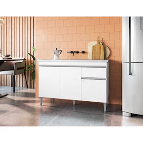 Balcão para Lavanderia 120cm Tatiane 3 Portas 1 Gaveta com tampo Cor Branco - AJL