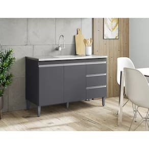 Balcão para Lavanderia 120cm Andréia 2 Portas 3 Gavetas com tampo Cor Cinza - AJL