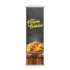 Banner Temos Porções e Bebidas Lanches Restaurante 100x30cm