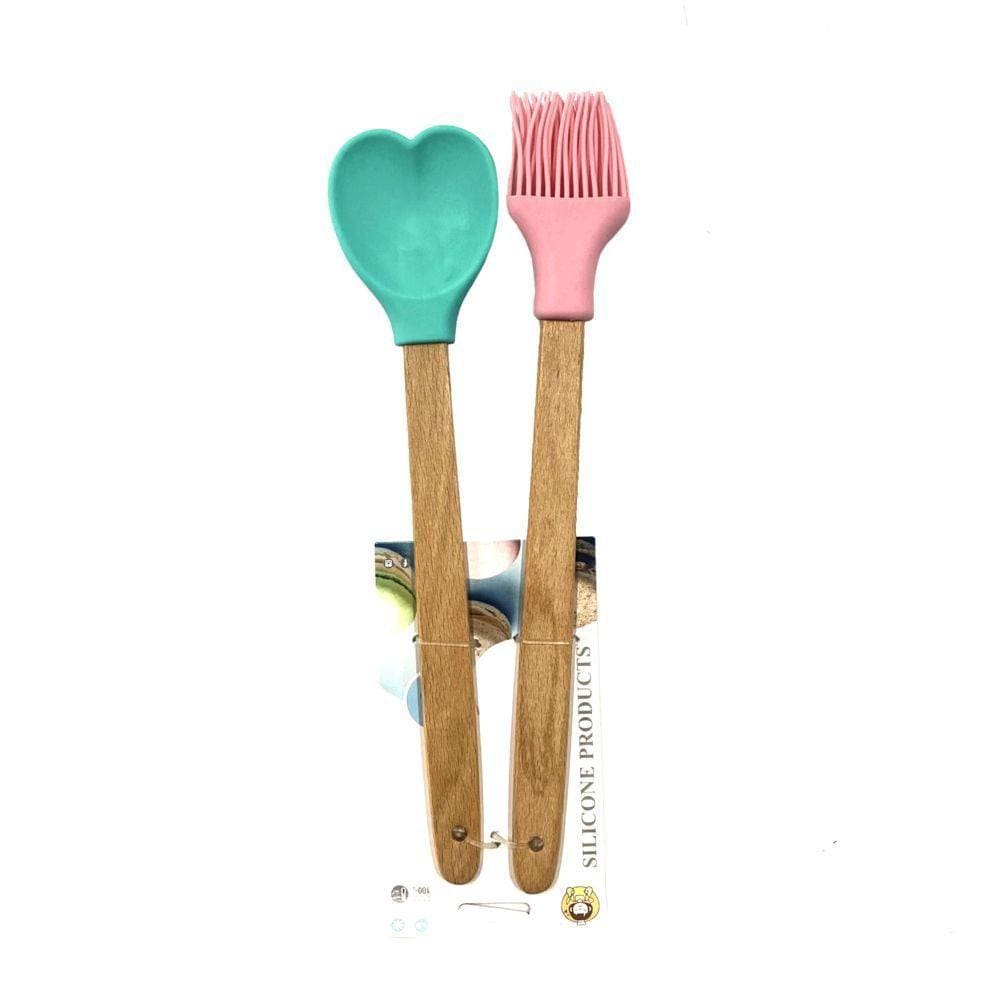 Kit Colher e Pincel de Silicone Rosa e Verde - Quanhe