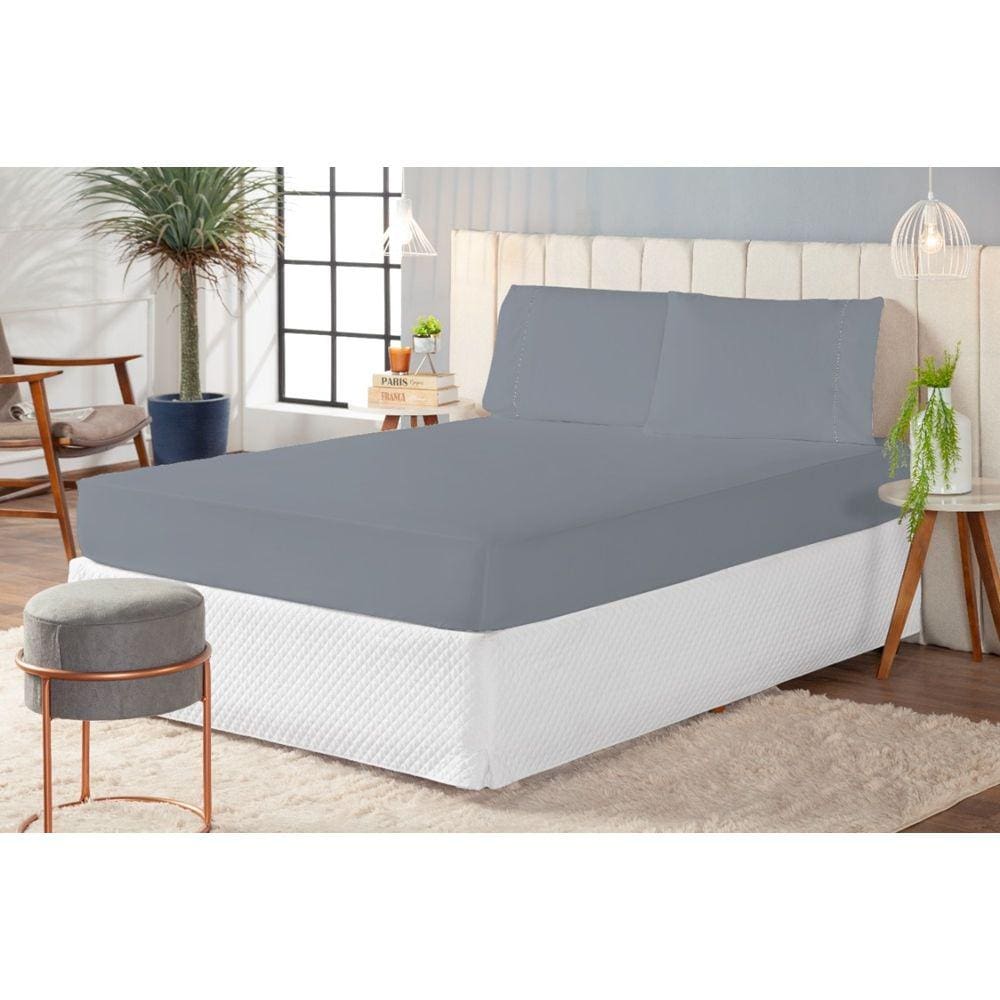 Roupa de Cama de Casal 3 pç Lençol Laura Percal de Microfibra Liso Ponto Palito