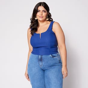 Blusa Cropped de Alça Plus com Aro em V e Bojo Azul