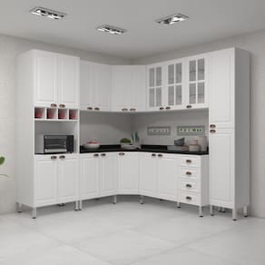 Armário de Cozinha Completa 8 Peças com Tampos Espaço para Forno e Vidro Cristal Luciane Móveis