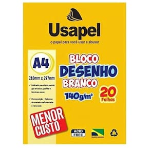 Bloco Desenho Escolar A4 Branco 140gm 20 Folhas Usapel