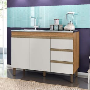 Balcão de Cozinha para Pia Karen 120cm Sem Tampo 2 Portas e 3 Gavetas Cor Nature e Off White - Peternella Móveis