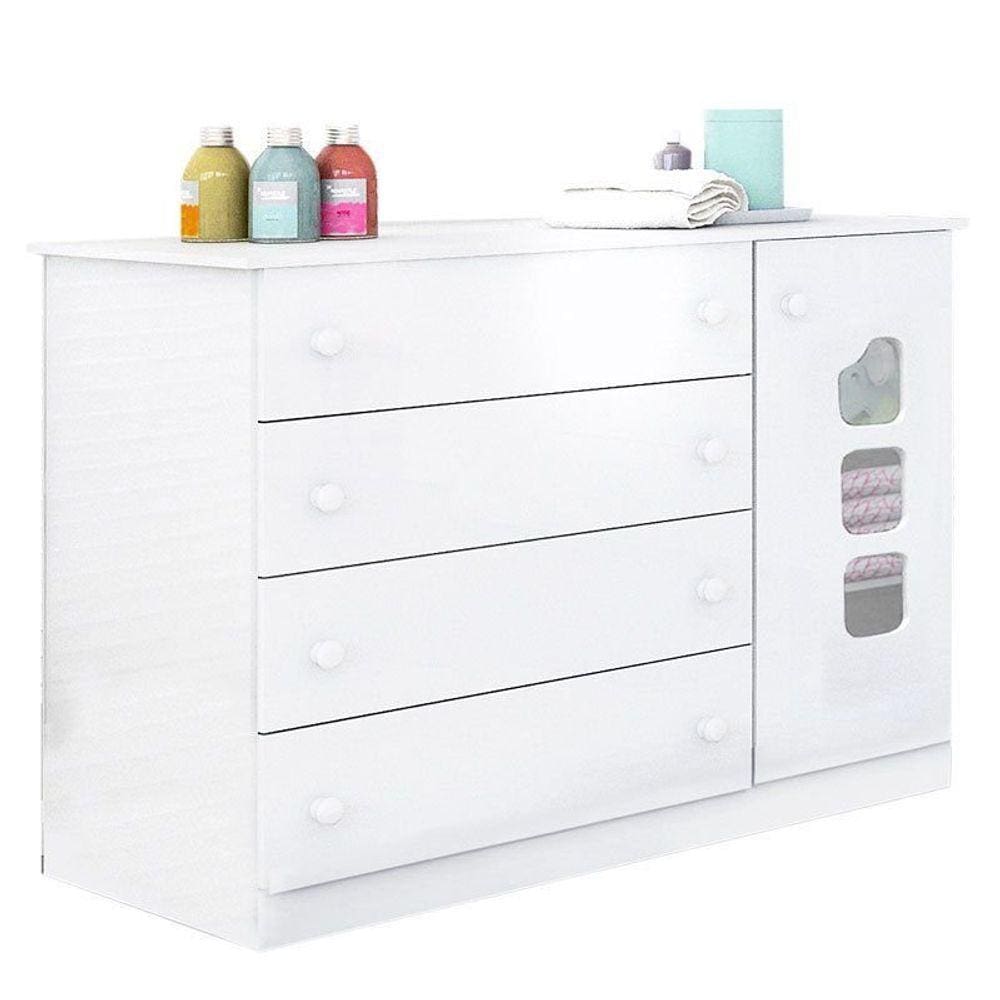 Cômoda Infantil Lívia 1 Porta e 4 Gavetas com Cabideiro 100% MDF Cor Branco Brilho - Phoenix Baby
