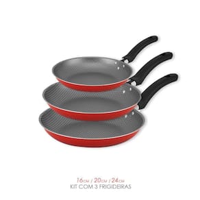 Kit Cozinha Pratica 3 Frigideiras Antiaderente Em Vermelho