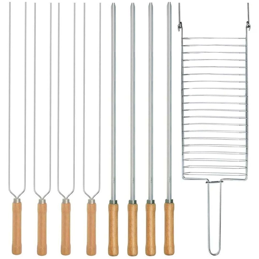 Kit Preparo Churrasco 9Pc Grelha Espeto 65Cm P/Churrasqueira