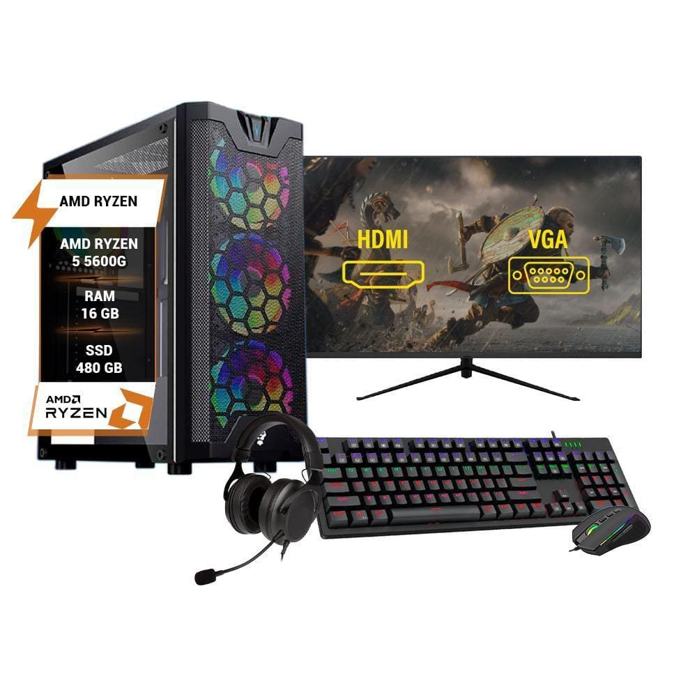 PC Gamer Completo Mancer, AMD Ryzen 5 4600G, 16GB DDR4, SSD 480GB + Monitor  21 + Cadeira Gamer