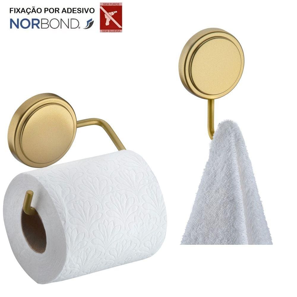 Kit Suporte Papel Higiênico Gancho Multiuso Porta Toalha Adesivo Dupla Face Banheiro Dourado - Future
