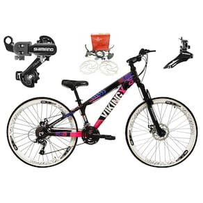 Bicicleta Aro 26 Vikingx Tuff 21v Alumínio Câmbios Shimano Freio a Disco Hidráulicos Aros Vmaxx Branco - Preto\Rosa X25
