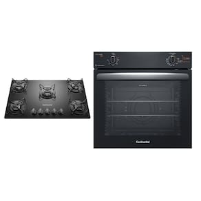 Cooktop 5 Bocas Continental a Gás de Vidro  Temperado Preto  + Forno de Embutir a Gás Continental 80L com TOPLimpaFácil (KC5GP+OC8GM)
