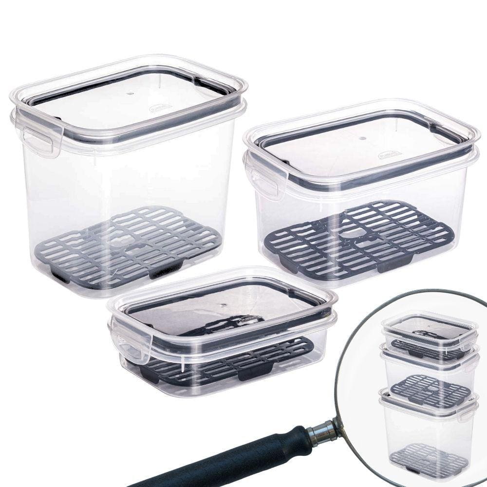 Kit potes herméticos Trava Mais com escorredor 1,2 litros, 1,8 litros e 500ml preto Plasutil