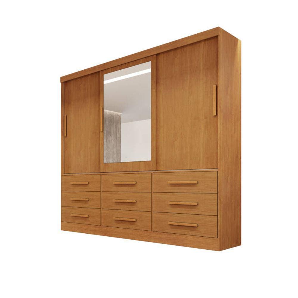 Guarda-roupa casal 3 portas espelho 9 gavetas 2,11m - Turim-Nature - Bianchi Móveis