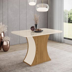 Mesa de Jantar 120x80cm Tampo Vidro/MDF Canto Arredondado Luiza Marrom/Off White