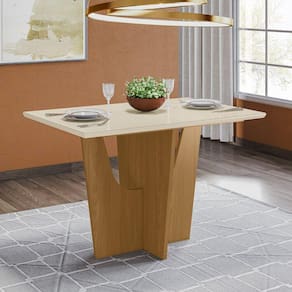 Mesa de Jantar 120x80cm Tampo Vidro/MDF Canto Reto Vértice Marrom/Off White
