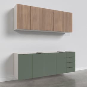 Cozinha Modulada 4 Peças Sem Tampo 2 Aéreos e 2 Balcões Ipanema CabeCasa MadeiraMadeira Acácia/Verde Folha/Branco