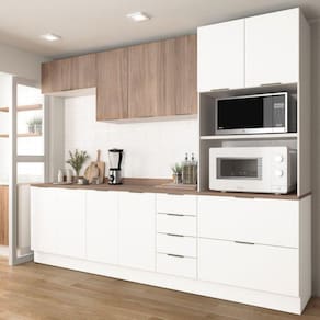 Cozinha Modulada 5 Peças com Tampo 2 Aéreos 2 Balcões e 1 Torre Quente Ipanema CabeCasa MadeiraMadei Branco/Acácia