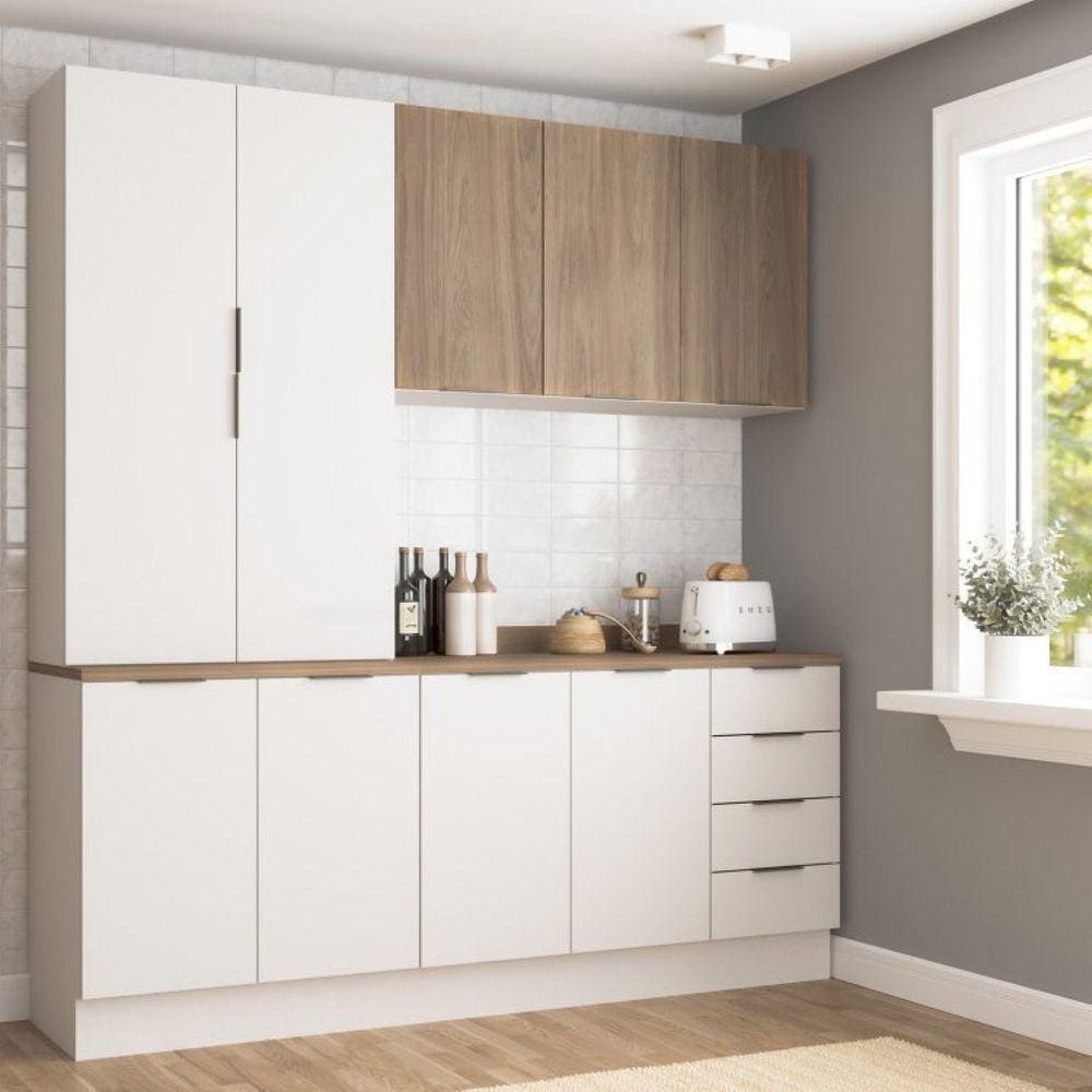 Cozinha Modulada 4 Peças com Tampo 2 Aéreos 5 Portas e 2 Balcões Ipanema CabeCasa MadeiraMadeira Branco/Acácia