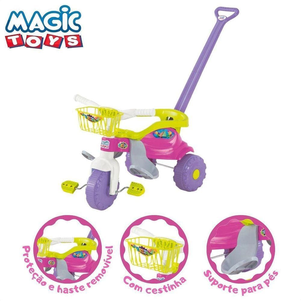 Triciclo Infantil rosa com Empurrador E Protetor Motoca - Magic