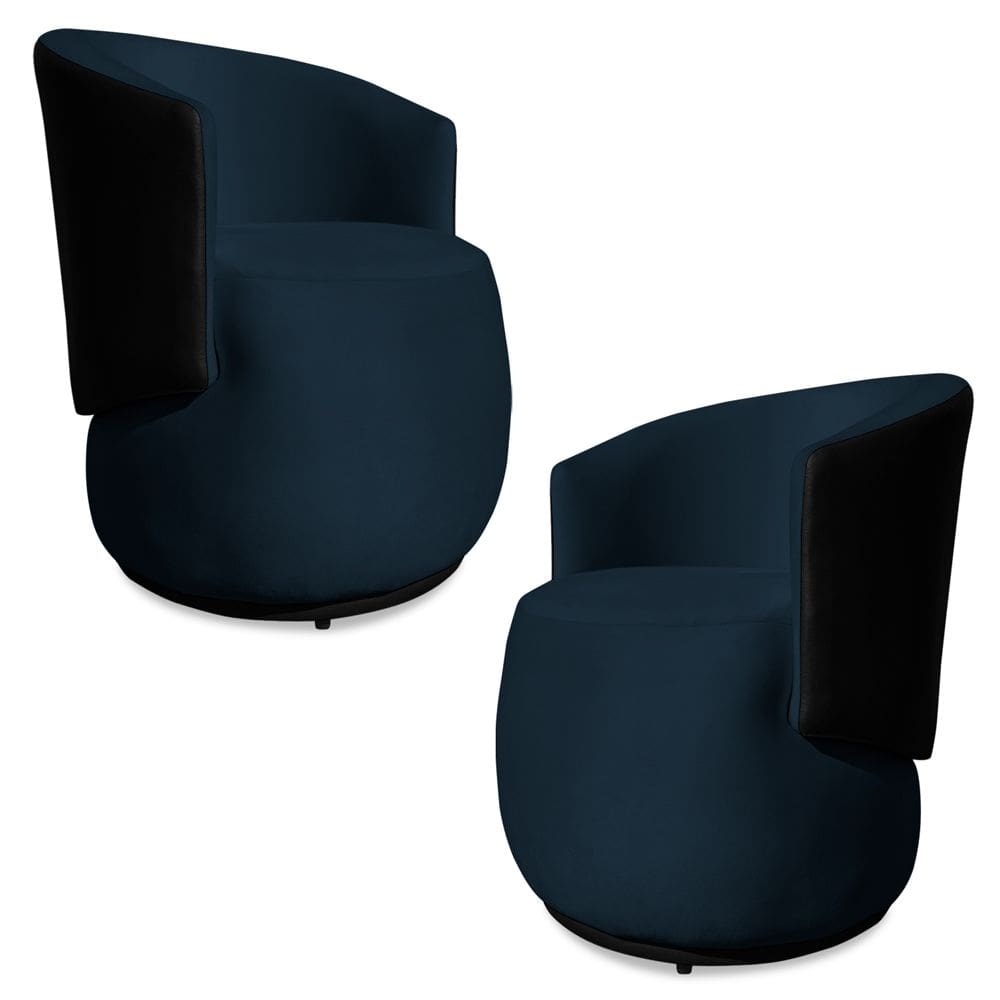 Kit 2 Poltronas Orgânica Decorativa Lara Veludo Azul Marinho/PU Preto - Montanaris Decor