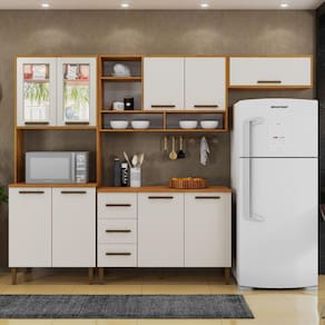 Cozinha Vitoria Com Vidro Reflecta 09 Portas 3 Gavetas Nature/Off White