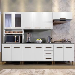 Cozinha Atenas Com Vidro Reflecta 12 Portas 3 Gavetas e Balcão Para Cooktop 05 Bocas Branco