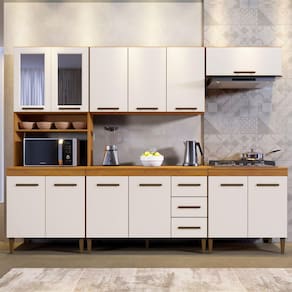 Cozinha Atenas Com Vidro Reflecta 12 Portas 3 Gavetas e Balcão Para Cooktop 04 Bocas Nature/Off White