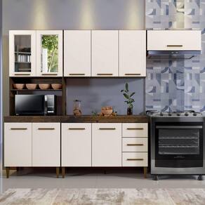 Cozinha Atenas Com Vidro Reflecta 10 Portas 3 Gavetas Ypê/Off White