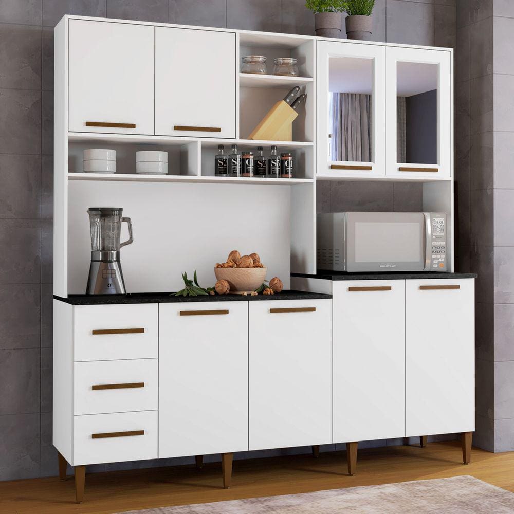 Armário De Cozinha 8 Portas 3 Gavetas Rio De Janeiro Com Vidro Reflecta Branco