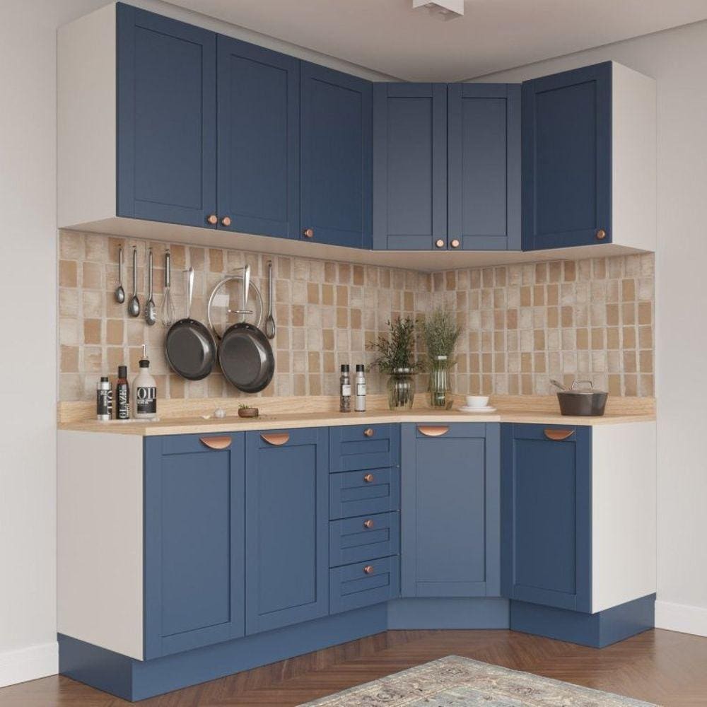 Cozinha Modulada 6 Peças com Tampo 3 Aéreos 6 Portas e 3 Balcões Arizona CabeCasa MadeiraMadeira Branco/Azul
