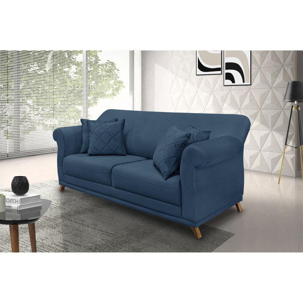 Sofá 3 Lugares 200cm Veludo Arras Spezzia Decor Azul Marinho