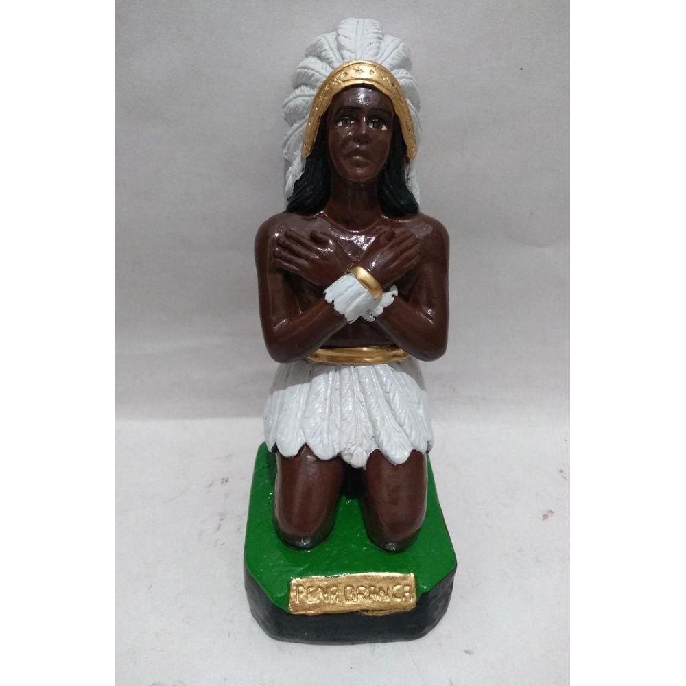 Imagem Caboclo Pena Branca Ajoelhado Escultura Gesso 20 Cm