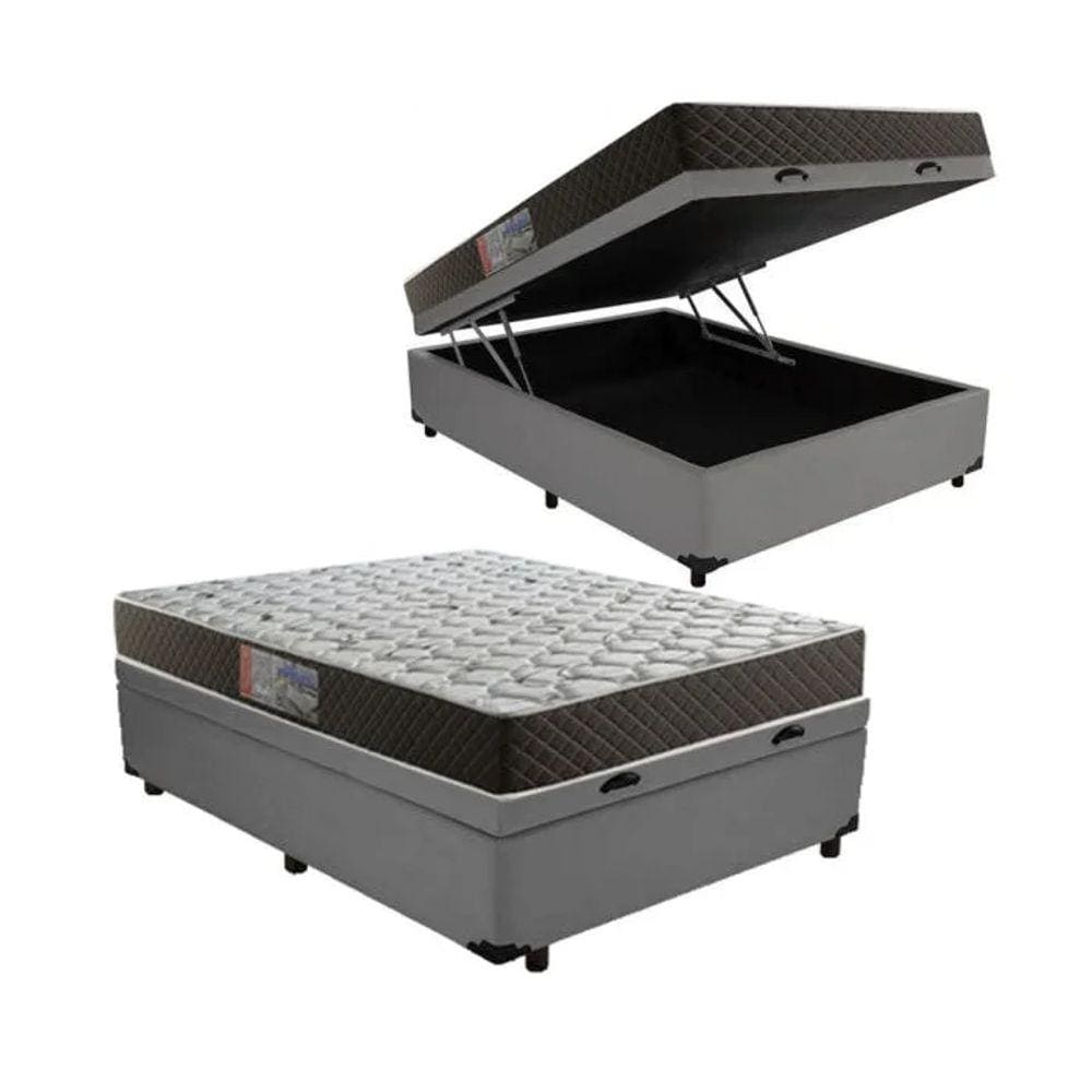 Cama Box Baú Casal Conforto Suede Cinza + Colchão Casal Conforto Espuma D33 Com EPS 24x138x188