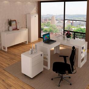 Conjunto Home Office 4 Peças 1 Mesa, 1 Gaveteiro e 2 Armários para Escritório Stanford 6 Branco - Pnr Móveis
