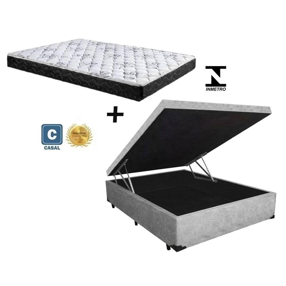 Cama Box Baú Casal Conforto Suede Cinza + Colchão Casal Conforto Espuma D23 Com EPS 20x138x188