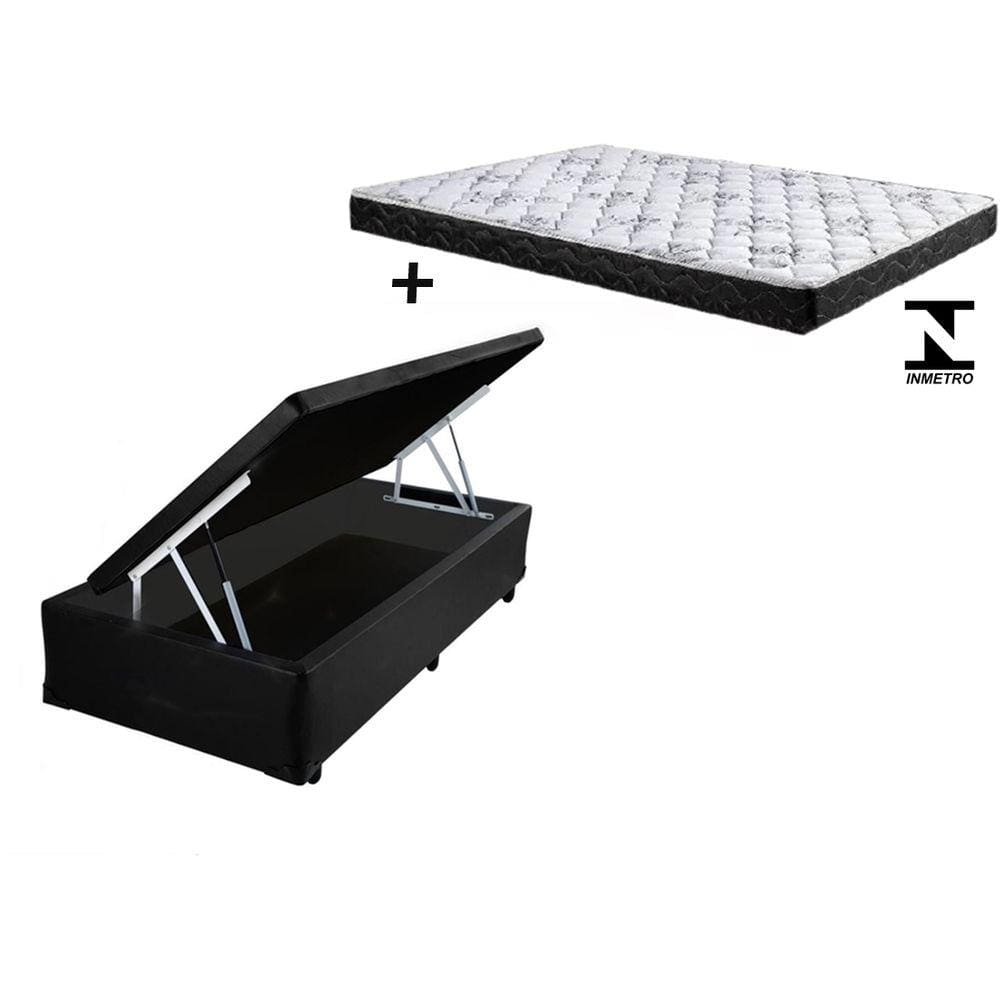 Cama Box Baú Solteiro Conforto Sintético Preto + Colchão Solteiro Conforto Espuma D33 Com EPS 20x88x188
