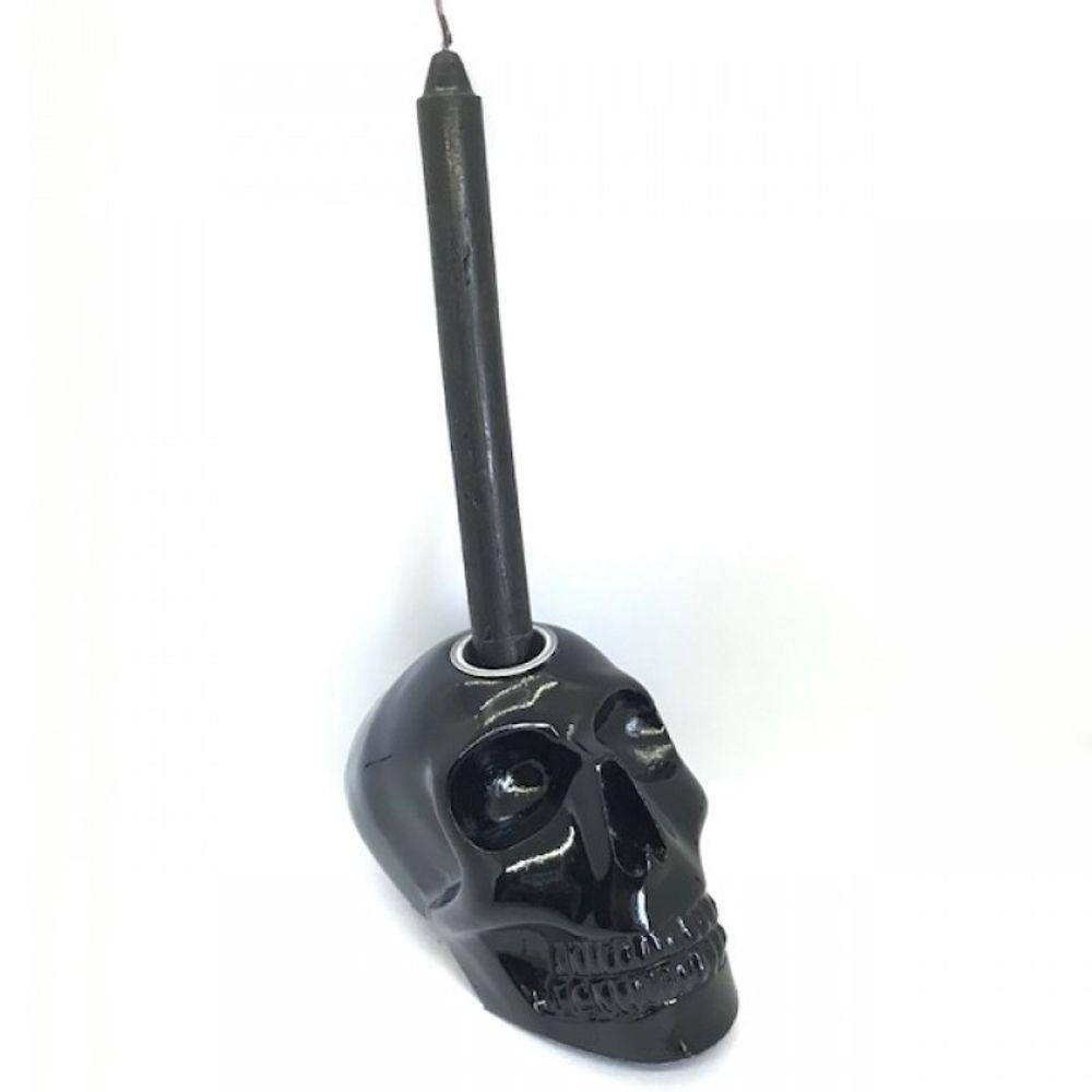 Porta Velas Cranio Negro em Resina 10 cm
