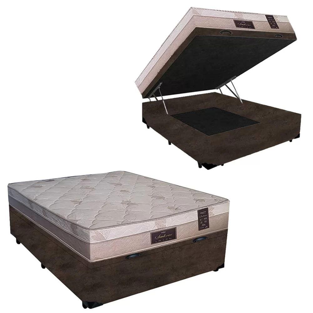 Cama Box Baú Casal Confort Suede Marrom Com Colchão Casal Confort Molas Ensacada 69x138x188